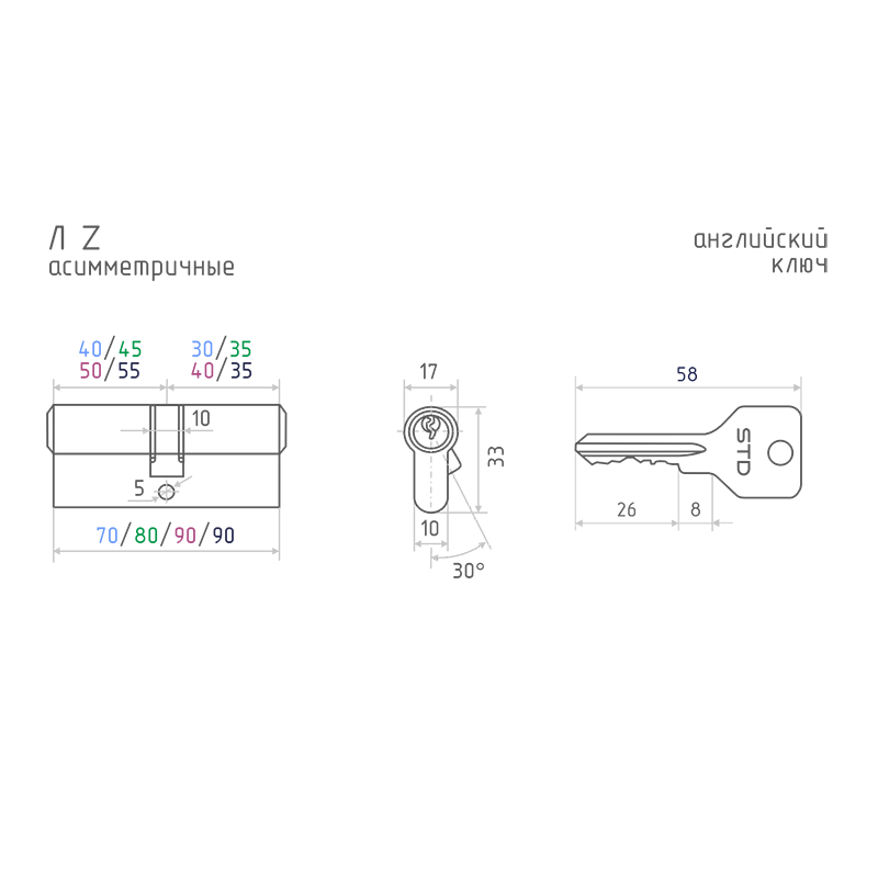 Схема Цилиндр STD Z Л асимметричный цвет Золото Нора-М