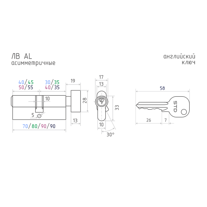 Схема Цилиндр STD Al ЛВ асимметричный цвет Золото Нора-М