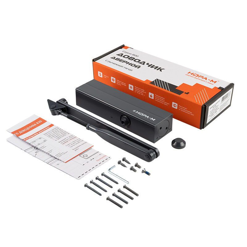 Комплектация и упаковка Дверной доводчик с ветровым тормозом 830 BC цвет Графит (7024) Нора-М